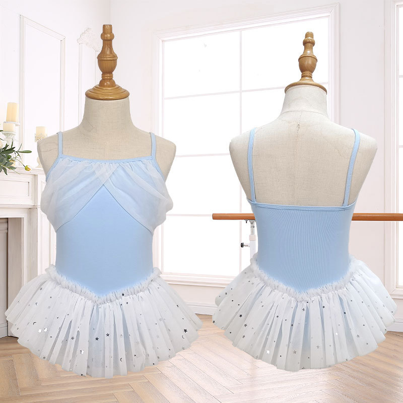 Rochie de balet pentru copii pentru antrenament cu panouri din plasă cu paiete, bumbac tratat, pentru 3–8 ani, primăvara 2024