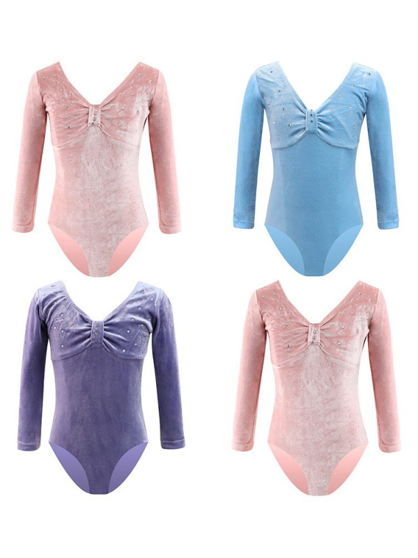 Set de dans pentru copii pentru repetiții, ansamlu velur cu mâneci lungi, pentru fete între 3–8 ani, țesătură poliester cu finisaj moale