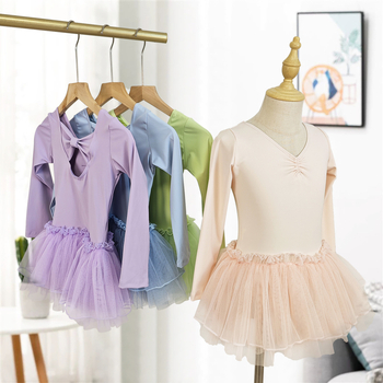 Kamengqi detské baletné cvičebné set: dlhý rukáv bodysuit s sieťovinou a tylovou sukňou, štýl princezná, 75% nylon, pre deti 3–8 rokov