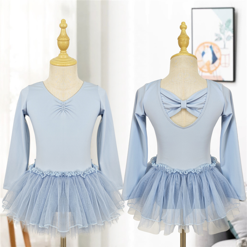 Kamengqi detské baletné cvičebné set: dlhý rukáv bodysuit s sieťovinou a tylovou sukňou, štýl princezná, 75% nylon, pre deti 3–8 rokov