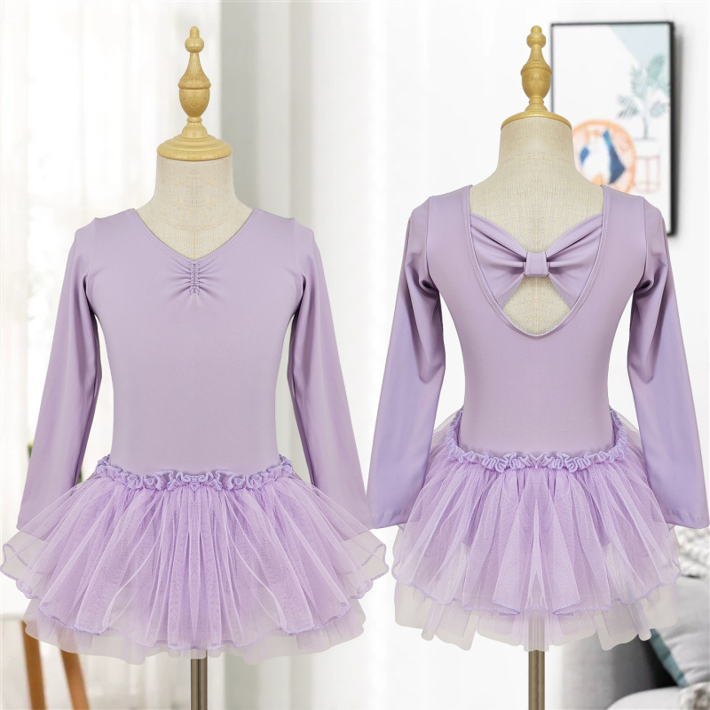 Kamengqi detské baletné cvičebné set: dlhý rukáv bodysuit s sieťovinou a tylovou sukňou, štýl princezná, 75% nylon, pre deti 3–8 rokov