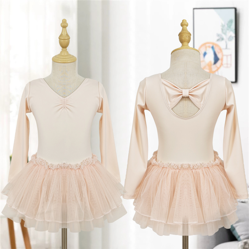 Kamengqi detské baletné cvičebné set: dlhý rukáv bodysuit s sieťovinou a tylovou sukňou, štýl princezná, 75% nylon, pre deti 3–8 rokov