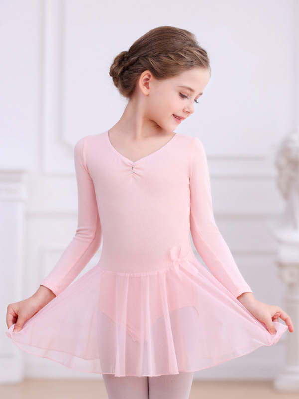 Dječje baletno odijelo za vježbanje s dugim rukavima, pamuk, mašna i tutu suknja, za uzrast 3–8 godina