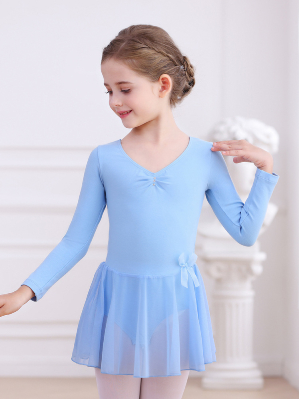 Dječje baletno odijelo za vježbanje s dugim rukavima, pamuk, mašna i tutu suknja, za uzrast 3–8 godina