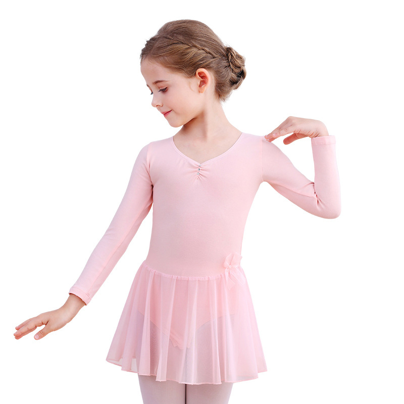 Dječje baletno odijelo za vježbanje s dugim rukavima, pamuk, mašna i tutu suknja, za uzrast 3–8 godina