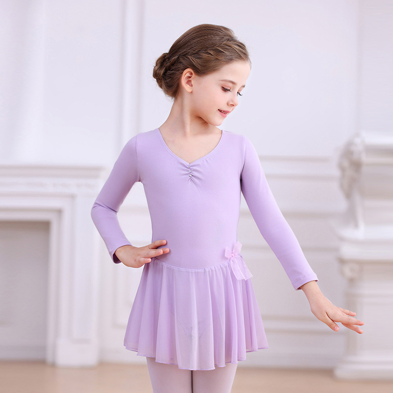 Dječje baletno odijelo za vježbanje s dugim rukavima, pamuk, mašna i tutu suknja, za uzrast 3–8 godina
