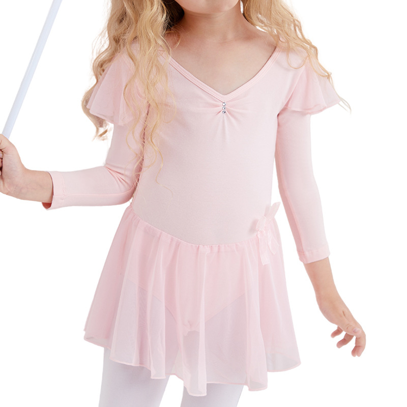 Dječje baletno odijelo za vježbanje s dugim rukavima, pamuk, mašna i tutu suknja, za uzrast 3–8 godina