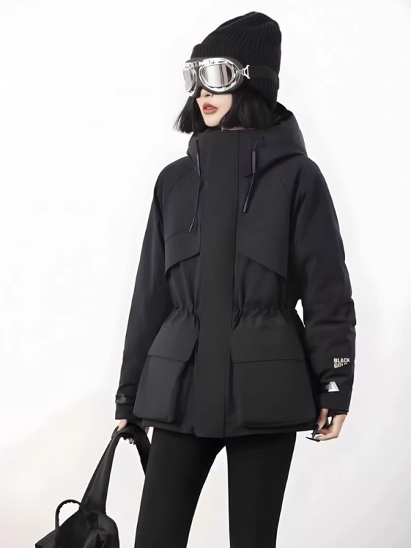 Geacă de puf pentru femei cu glugă, croială slim, material nylon, umplutură 201–300 g, iarnă 2025