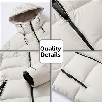 Pánska bunda s kapucňou z husieho peria, obsah peria 86–90%, výplň 157 g, odolná voči chladu -20 °C až -5 °C