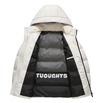 Pánska bunda s kapucňou z husieho peria, obsah peria 86–90%, výplň 157 g, odolná voči chladu -20 °C až -5 °C