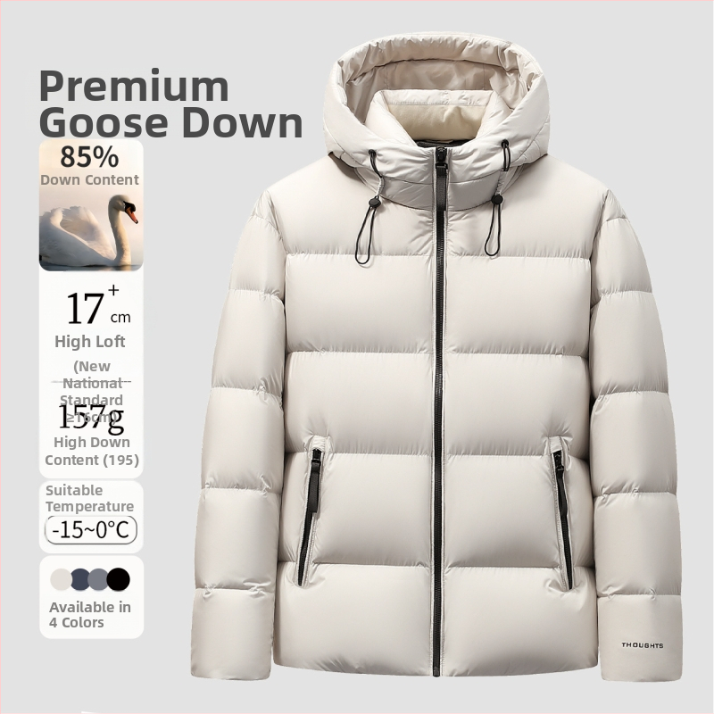 Pánska bunda s kapucňou z husieho peria, obsah peria 86–90%, výplň 157 g, odolná voči chladu -20 °C až -5 °C