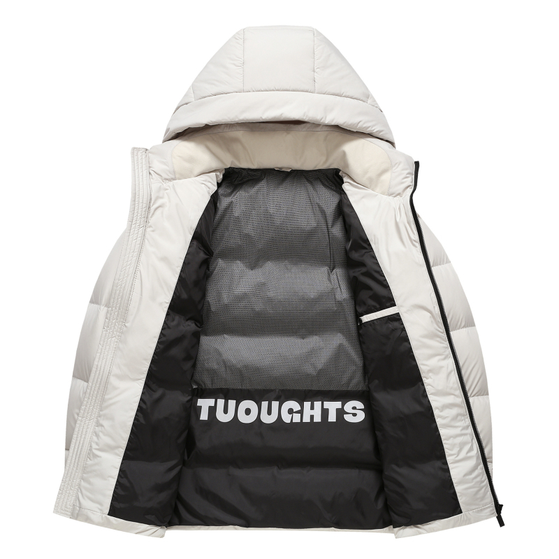 Pánska bunda s kapucňou z husieho peria, obsah peria 86–90%, výplň 157 g, odolná voči chladu -20 °C až -5 °C