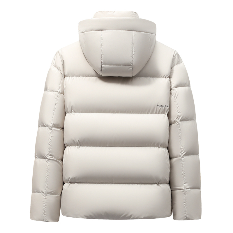 Pánska bunda s kapucňou z husieho peria, obsah peria 86–90%, výplň 157 g, odolná voči chladu -20 °C až -5 °C