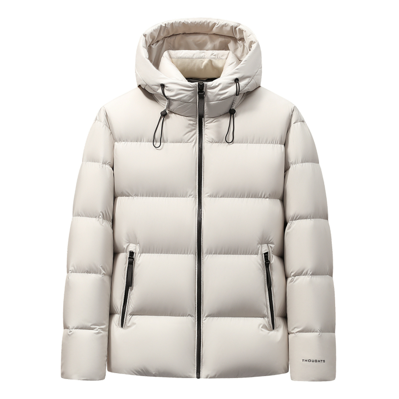 Pánska bunda s kapucňou z husieho peria, obsah peria 86–90%, výplň 157 g, odolná voči chladu -20 °C až -5 °C