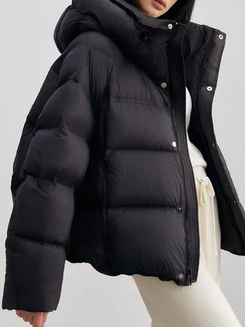 Jachetă de iarnă pentru femei, cu glugă, lungime scurtă, puf de rață 81–85%, umplură 101–200 g, material poliester