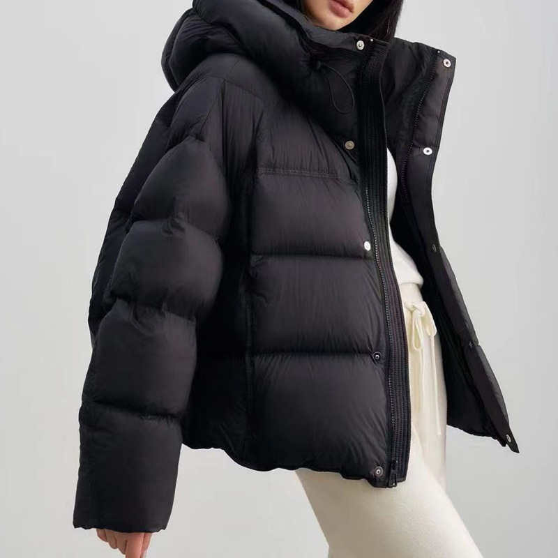 Jachetă de iarnă pentru femei, cu glugă, lungime scurtă, puf de rață 81–85%, umplură 101–200 g, material poliester