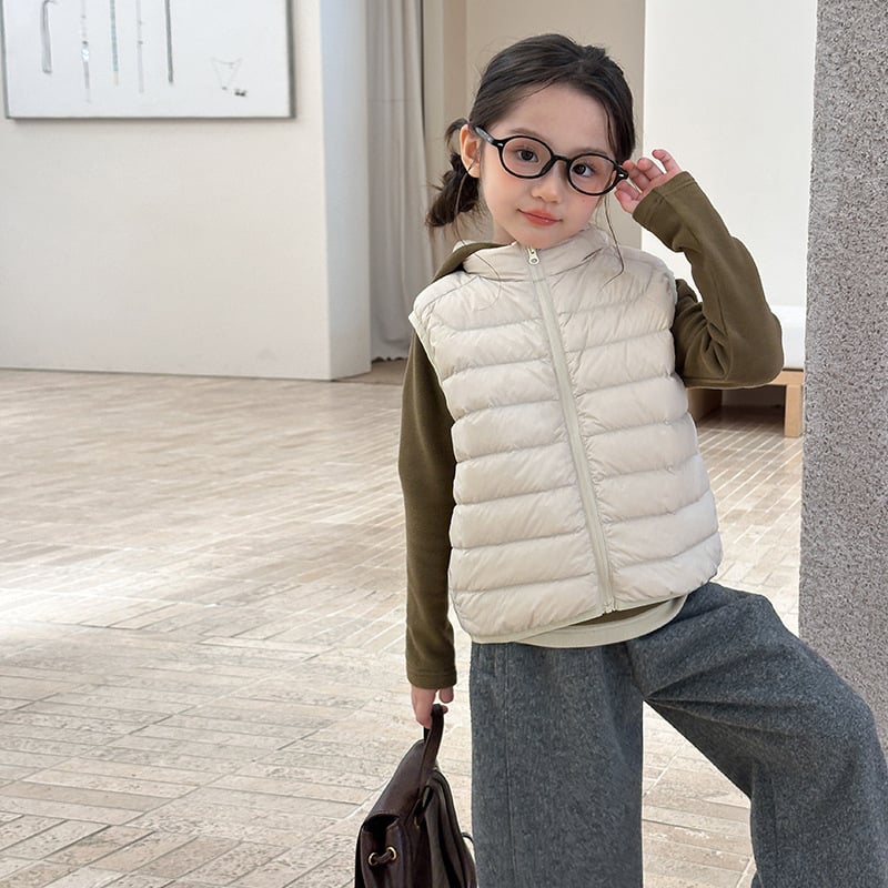 Vesta de copii cu glugă din puf de rață alb, unisex, 86–90% puf de rață alb, exterior din nylon, căptușeală poliester, stil coreean, iarnă 2025