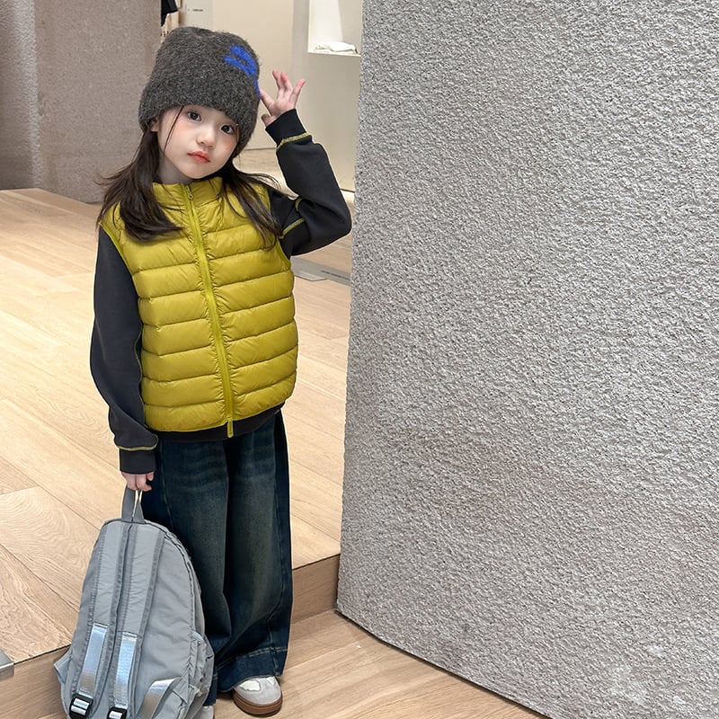 Vesta de copii cu glugă din puf de rață alb, unisex, 86–90% puf de rață alb, exterior din nylon, căptușeală poliester, stil coreean, iarnă 2025