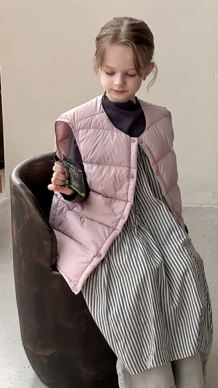 Vestă pentru copii, stil coreean, cu puf de rață 86–90%, exterior și căptușeală din nylon, fără glugă, fără mâneci, croială scurtă, pentru iarnă și toamnă