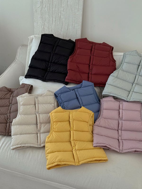 Vestă pentru copii, stil coreean, cu puf de rață 86–90%, exterior și căptușeală din nylon, fără glugă, fără mâneci, croială scurtă, pentru iarnă și toamnă