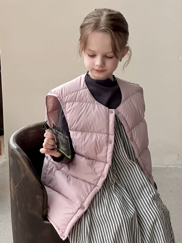 Vestă pentru copii, stil coreean, cu puf de rață 86–90%, exterior și căptușeală din nylon, fără glugă, fără mâneci, croială scurtă, pentru iarnă și toamnă