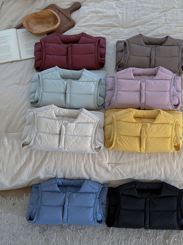 Vestă pentru copii, stil coreean, cu puf de rață 86–90%, exterior și căptușeală din nylon, fără glugă, fără mâneci, croială scurtă, pentru iarnă și toamnă