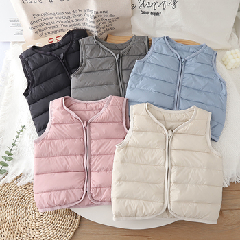 Vestă pentru copii din puf pentru iarnă, unisex, umplutură din puf de rață 86–90%, căptușeală poliester, fermoar, lungime medie, fără glugă, potrivită pentru copii 1–3 ani