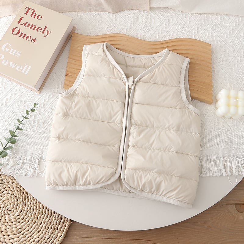 Vestă pentru copii din puf pentru iarnă, unisex, umplutură din puf de rață 86–90%, căptușeală poliester, fermoar, lungime medie, fără glugă, potrivită pentru copii 1–3 ani