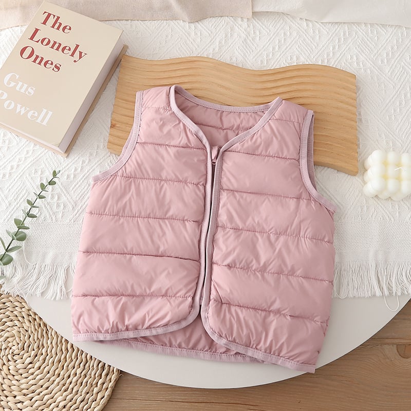 Vestă pentru copii din puf pentru iarnă, unisex, umplutură din puf de rață 86–90%, căptușeală poliester, fermoar, lungime medie, fără glugă, potrivită pentru copii 1–3 ani