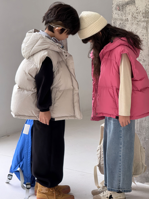 Vesta pentru copii din puf, stil coreean, groasă, cu glugă, umplutură din puf de rață 86-90%, căptușeală din nailon, pentru iarnă