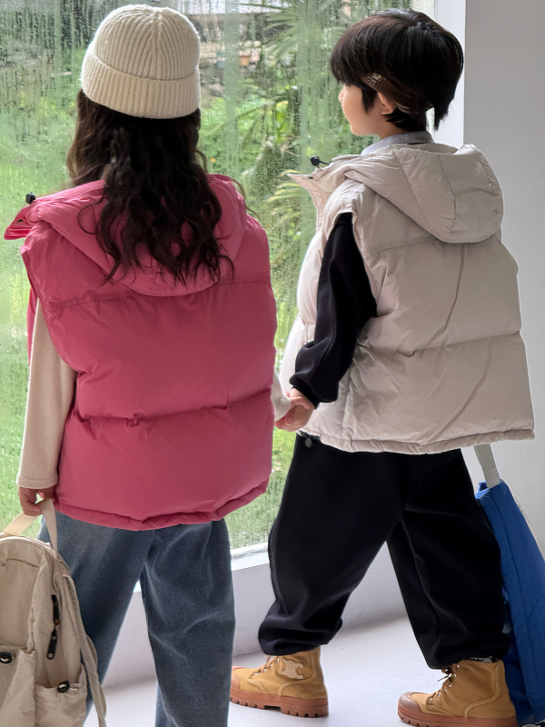 Vesta pentru copii din puf, stil coreean, groasă, cu glugă, umplutură din puf de rață 86-90%, căptușeală din nailon, pentru iarnă