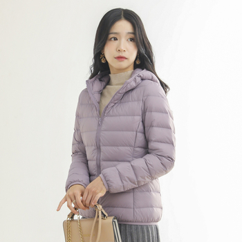 Ženska kapuljačom nylon jakna s punjenjem od bijelog patka, lagana, zatvarač