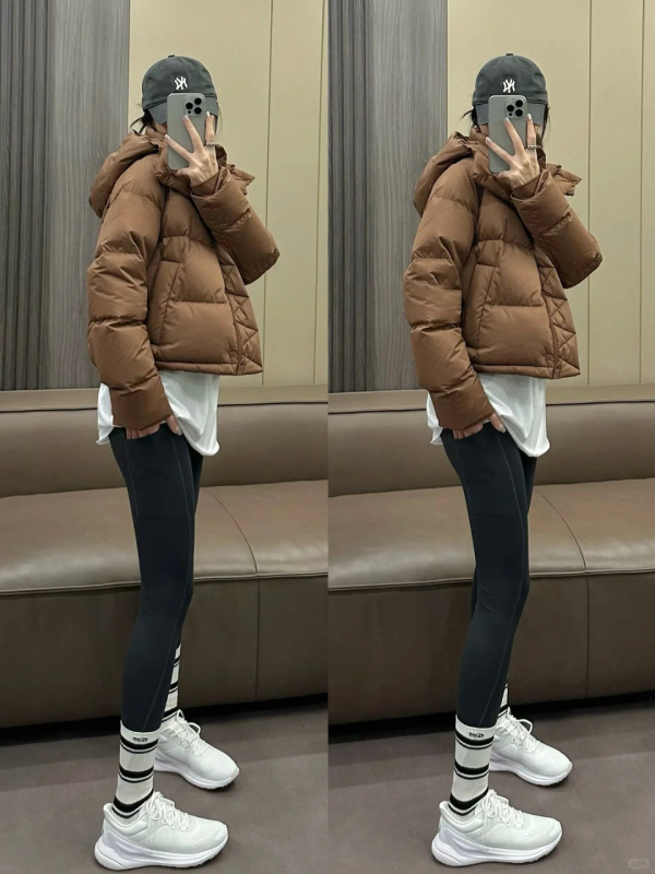 Fitness dew Ženska jakna s puhom od patke, četiri komore, kapuljača, kratka duljina, jesensko-zimski stil, casual