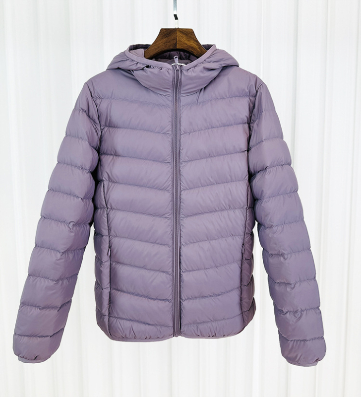 Γυναικείο ελαφρύ πουπουλένιο μπουφάν με κουκούλα, ελεύθερη γραμμή, κοντό μήκος, φερμουάρ, Χειμώνας 2025