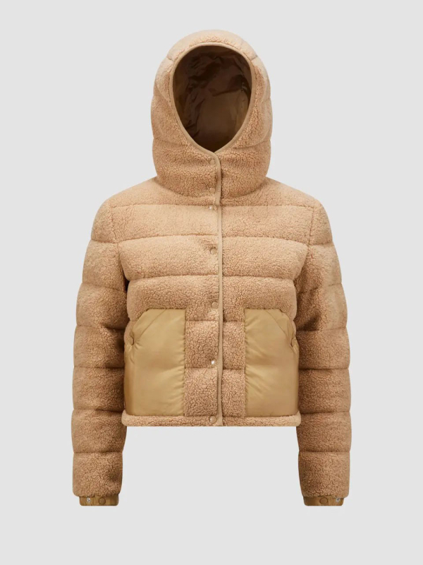 Ženska jakna s kapuljačom, Teddy velur uzorak, punjenje bijeli patka perja 81–85%, vanjski dio polar fleece, poliester