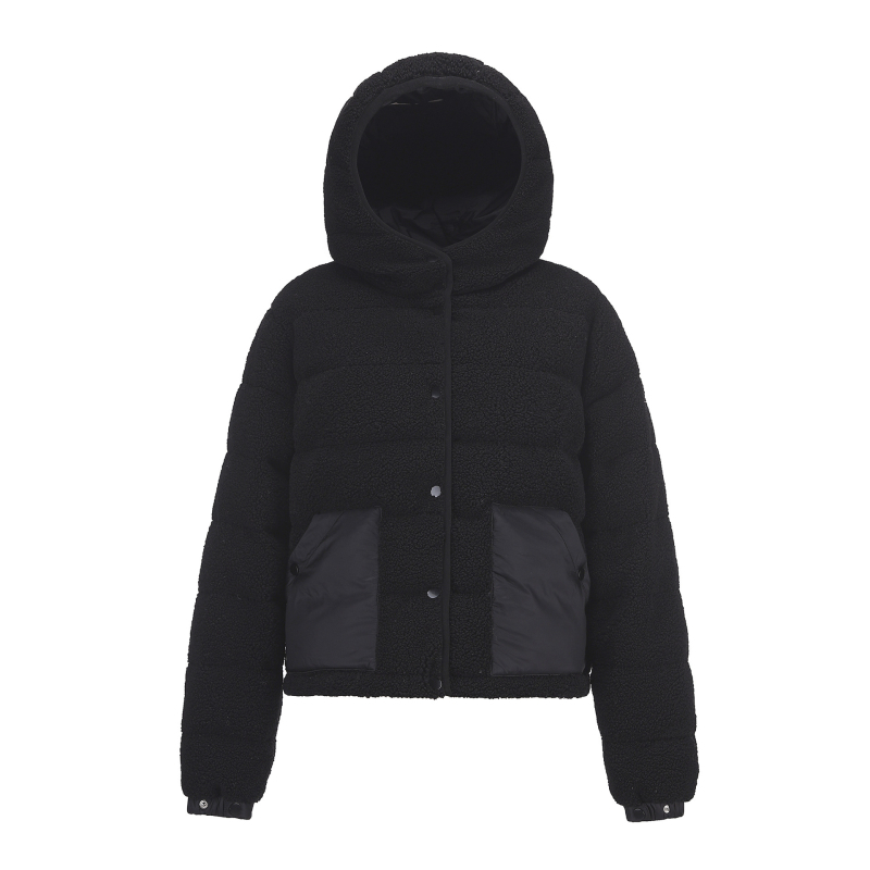 Ženska jakna s kapuljačom, Teddy velur uzorak, punjenje bijeli patka perja 81–85%, vanjski dio polar fleece, poliester