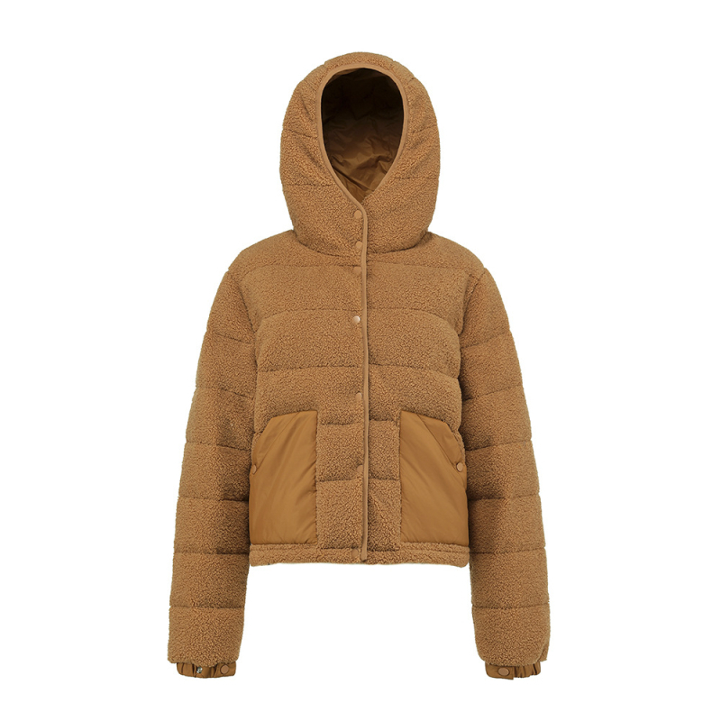 Ženska jakna s kapuljačom, Teddy velur uzorak, punjenje bijeli patka perja 81–85%, vanjski dio polar fleece, poliester
