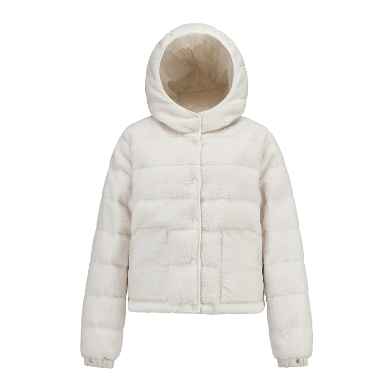 Ženska jakna s kapuljačom, Teddy velur uzorak, punjenje bijeli patka perja 81–85%, vanjski dio polar fleece, poliester