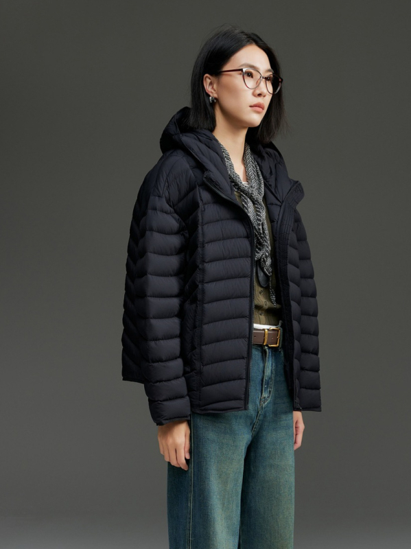 Geacă de iarnă din nylon, cu umplutură de puf de gâscă, glugă, lungime standard, umplere 101–200 g, 90%+ puf, stil urban elegant, iarna 2025