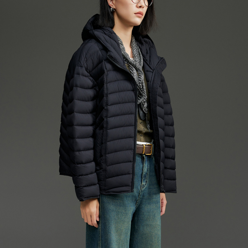 Geacă de iarnă din nylon, cu umplutură de puf de gâscă, glugă, lungime standard, umplere 101–200 g, 90%+ puf, stil urban elegant, iarna 2025