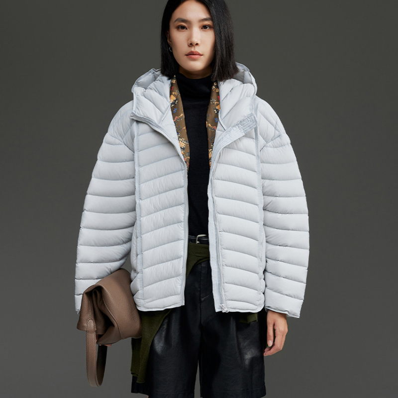 Geacă de iarnă din nylon, cu umplutură de puf de gâscă, glugă, lungime standard, umplere 101–200 g, 90%+ puf, stil urban elegant, iarna 2025