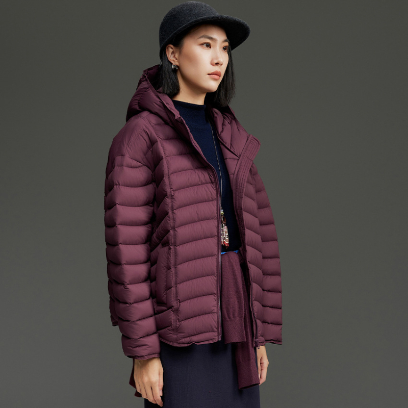 Geacă de iarnă din nylon, cu umplutură de puf de gâscă, glugă, lungime standard, umplere 101–200 g, 90%+ puf, stil urban elegant, iarna 2025