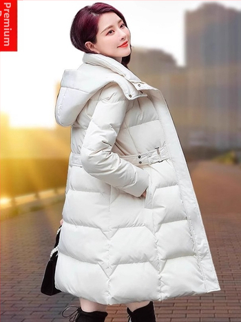Geacă de puf pentru femei, cu glugă, detașabilă, talie strânsă, lungime medie
