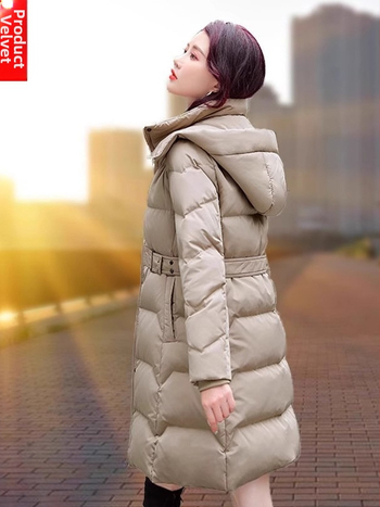 Geacă de puf pentru femei, cu glugă, detașabilă, talie strânsă, lungime medie