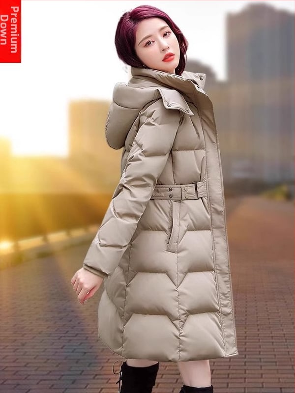 Geacă de puf pentru femei, cu glugă, detașabilă, talie strânsă, lungime medie