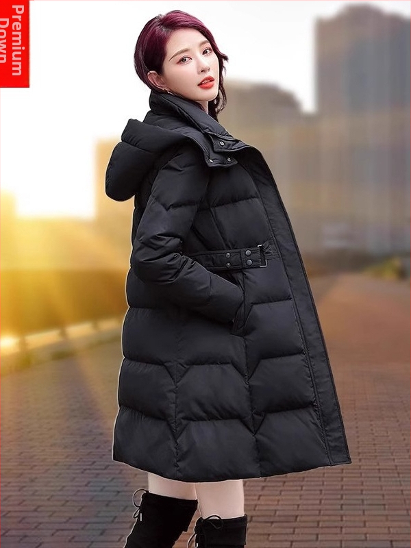 Geacă de puf pentru femei, cu glugă, detașabilă, talie strânsă, lungime medie