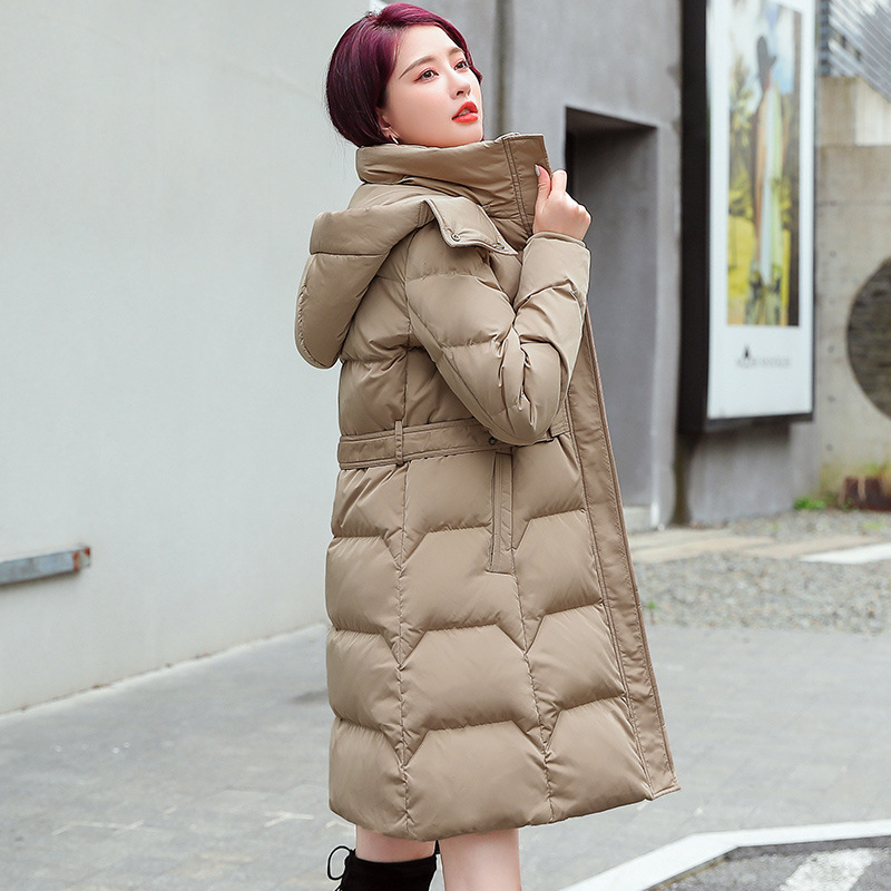 Geacă de puf pentru femei, cu glugă, detașabilă, talie strânsă, lungime medie