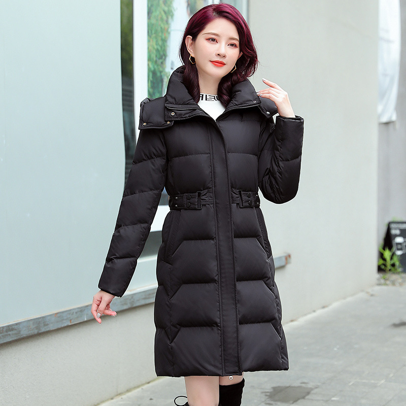 Geacă de puf pentru femei, cu glugă, detașabilă, talie strânsă, lungime medie