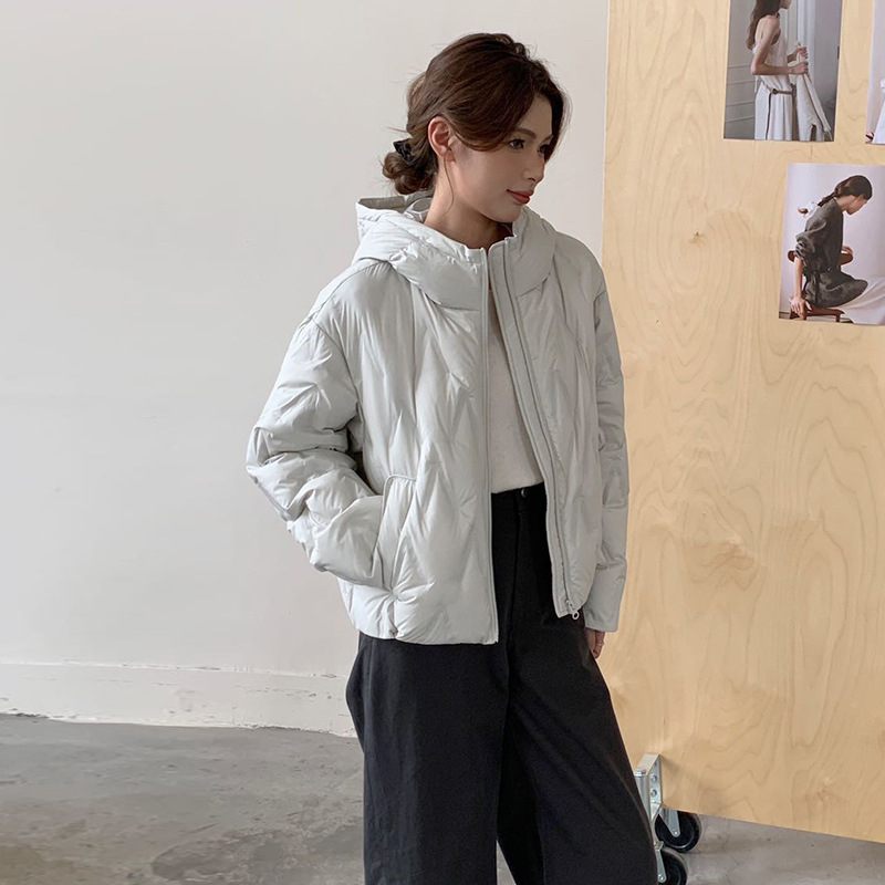 Geacă de iarnă cu puf - umplutură de puf de rață, 86–90% puf, grosime medie, croială lejeră, cu glugă