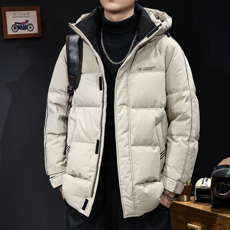 Gusje perje jakna s kapuljom, prema novom nacionalnom standardu, za muškarce, zima 2025, streetwear stil, plus veličina, srednja duljina, topla